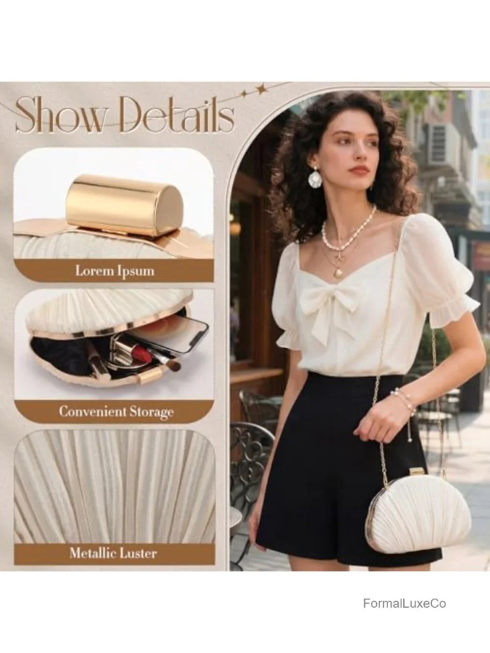 Women's Seashell Clutch Purse Set with Pearl Jewelry Set 4-Piece